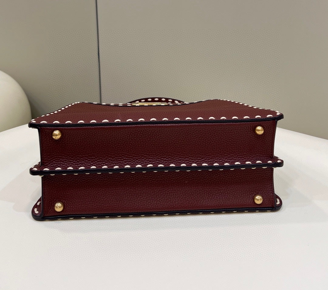 Burgundy Leather Top Handle Handbag with Matching Card Holder - White Contrast Stitching