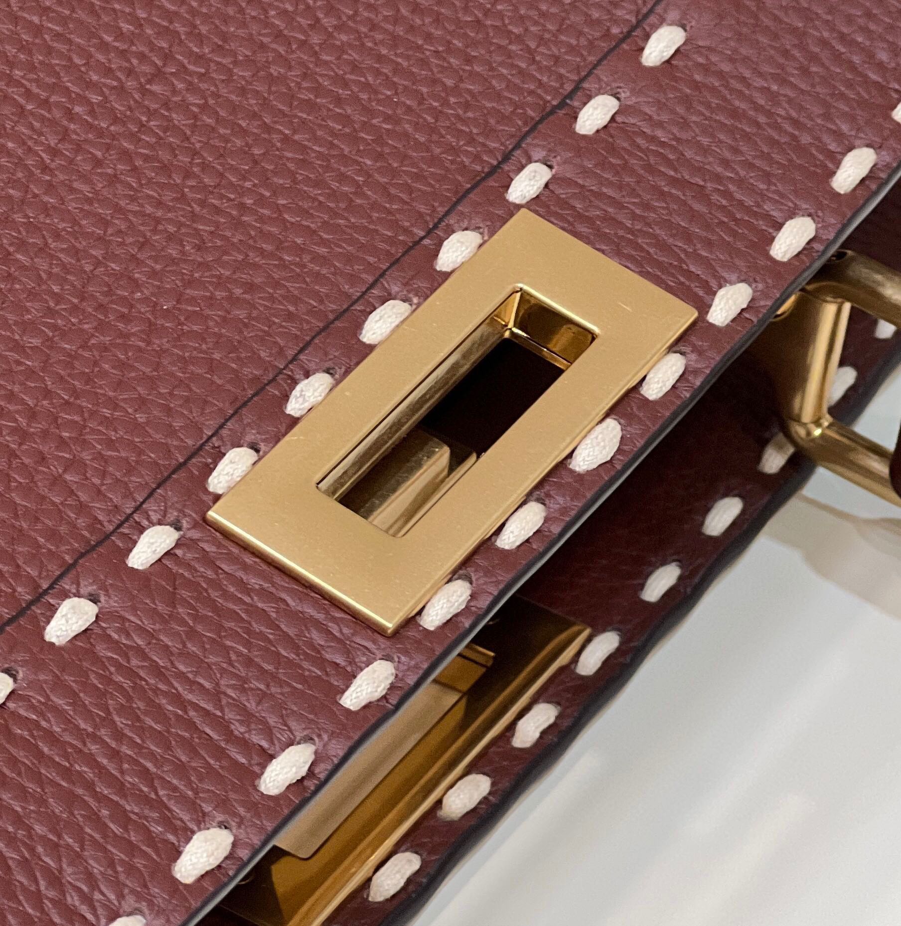 Sophisticated Burgundy Top Handle Handbag with White Contrast Stitching and Matching Wallet