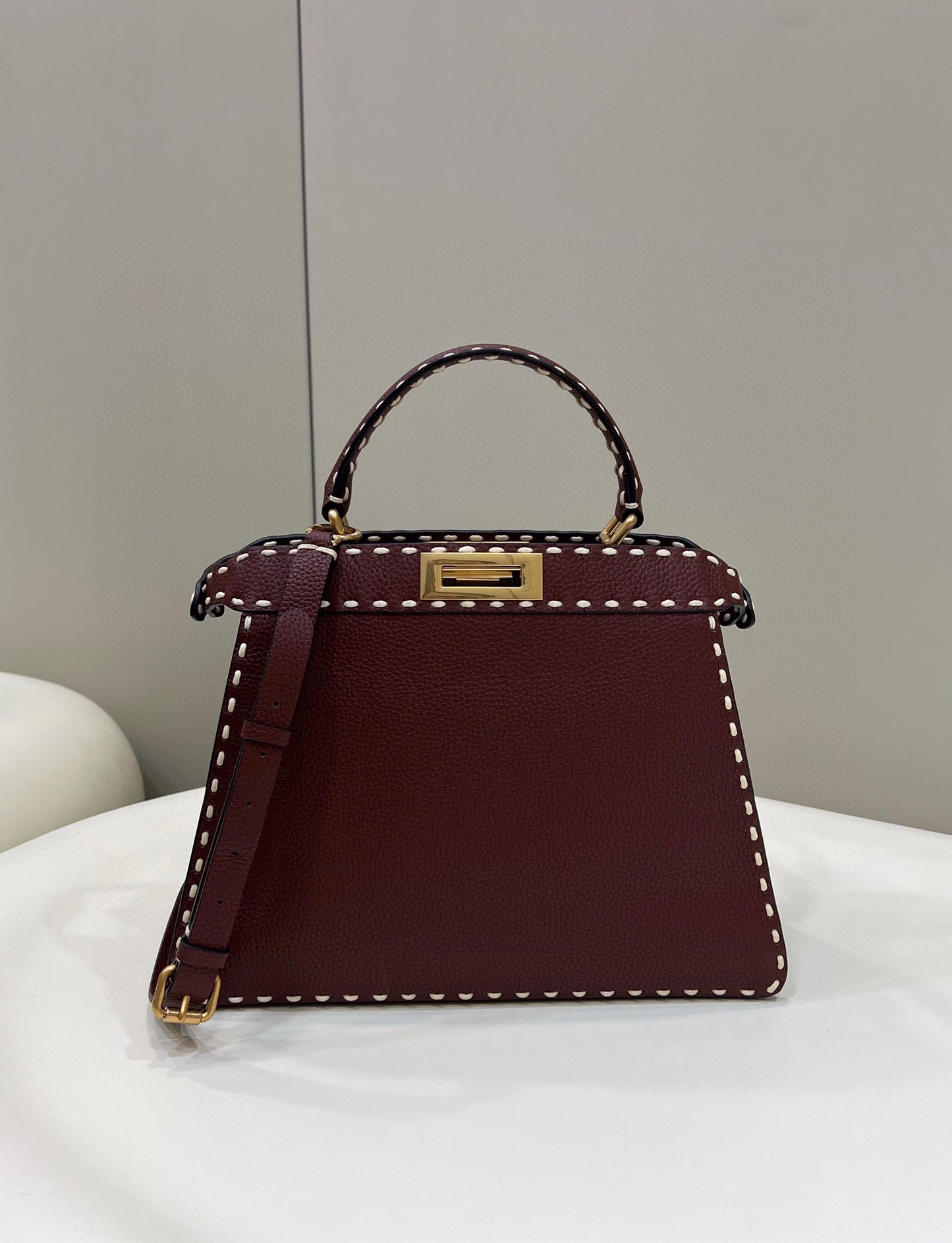 Burgundy Leather Top Handle Handbag with Matching Card Holder - White Contrast Stitching