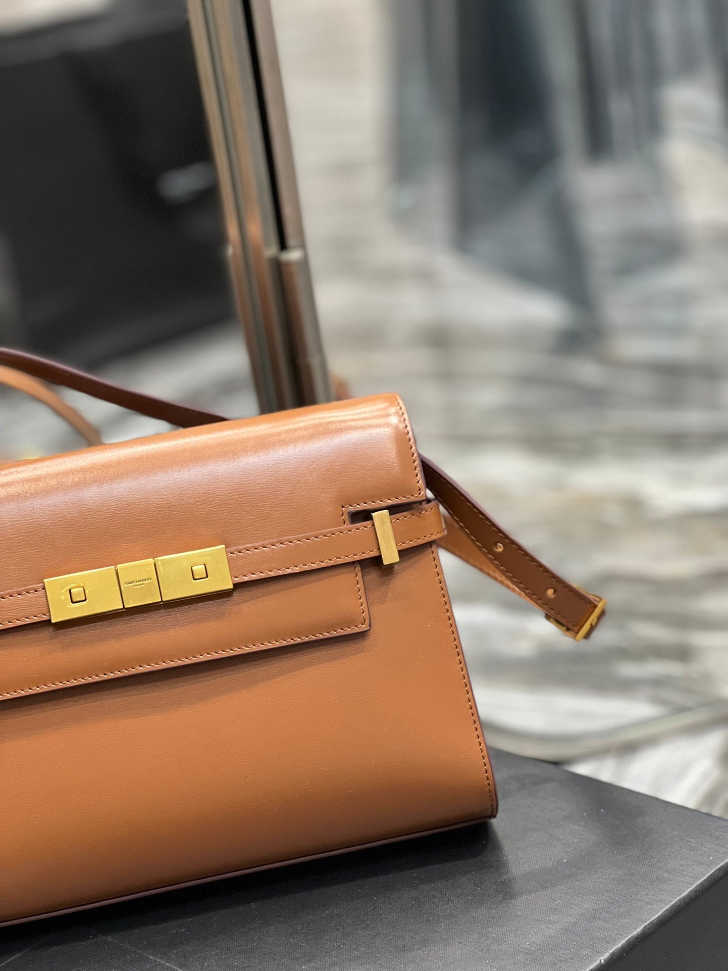 Saint Laurent Manhattan Small Shoulder Bag in Box Leather - Brick