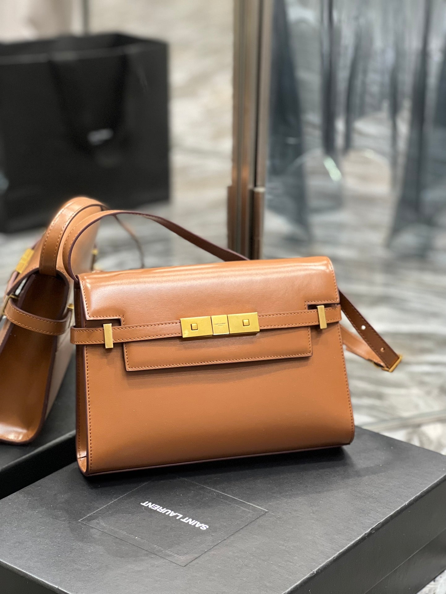 Saint Laurent Manhattan Small Shoulder Bag in Box Leather - Brick