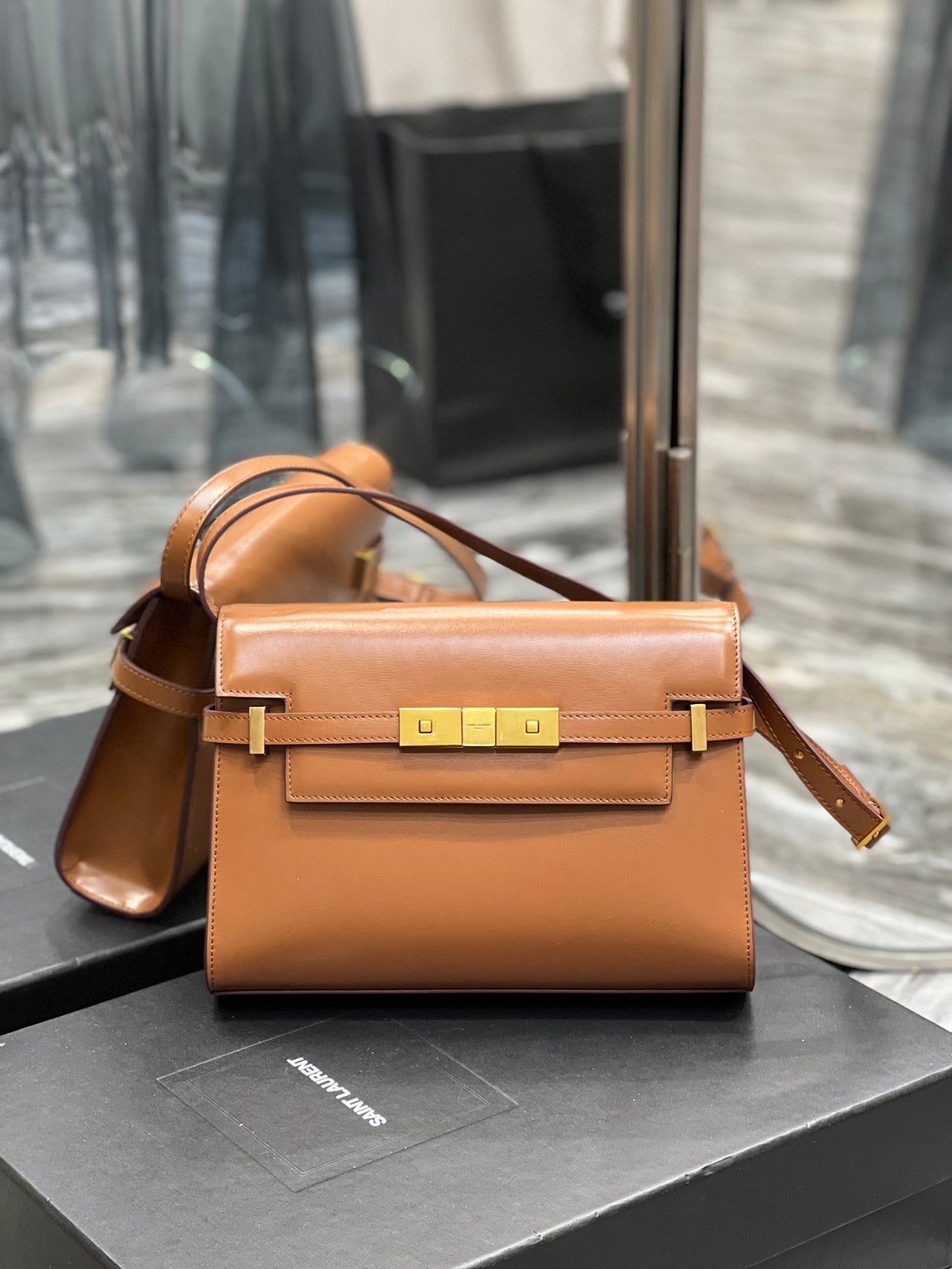 Saint Laurent Manhattan Small Shoulder Bag in Box Leather - Brick