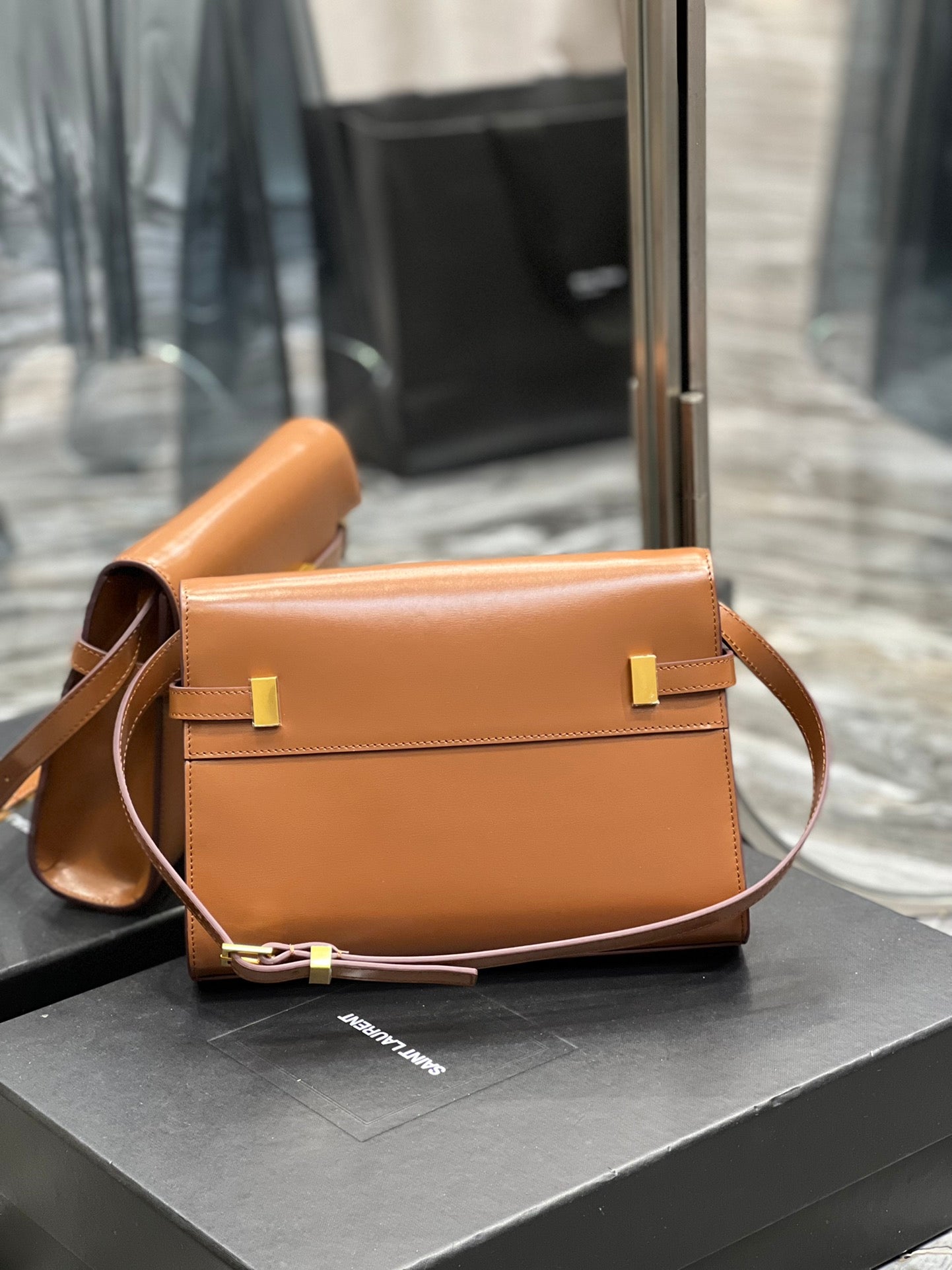 Saint Laurent Manhattan Small Shoulder Bag in Box Leather - Brick