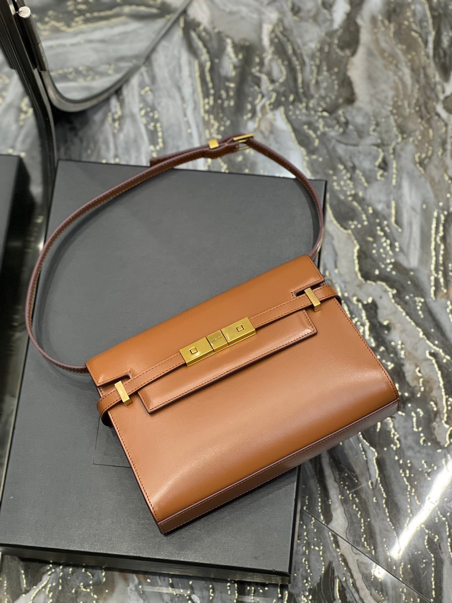 Saint Laurent Manhattan Small Shoulder Bag in Box Leather - Brick