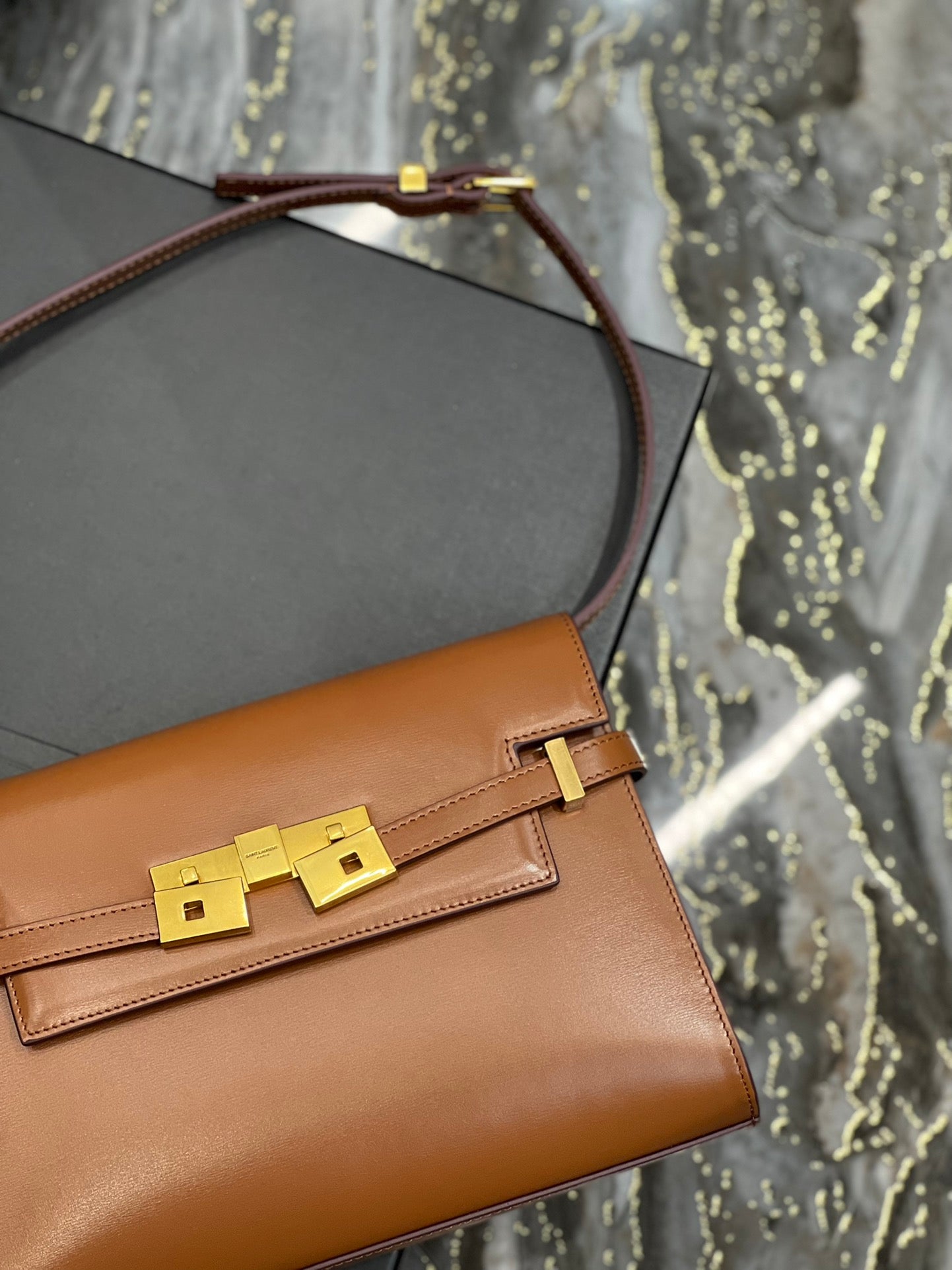 Saint Laurent Manhattan Small Shoulder Bag in Box Leather - Brick