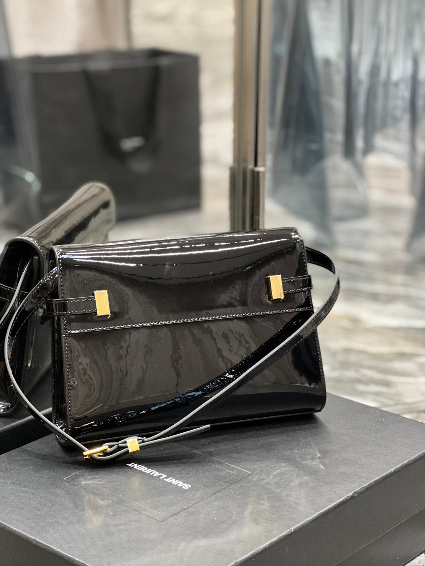 Saint Laurent Manhattan Mini Shoulder Bag in Black Patent Leather