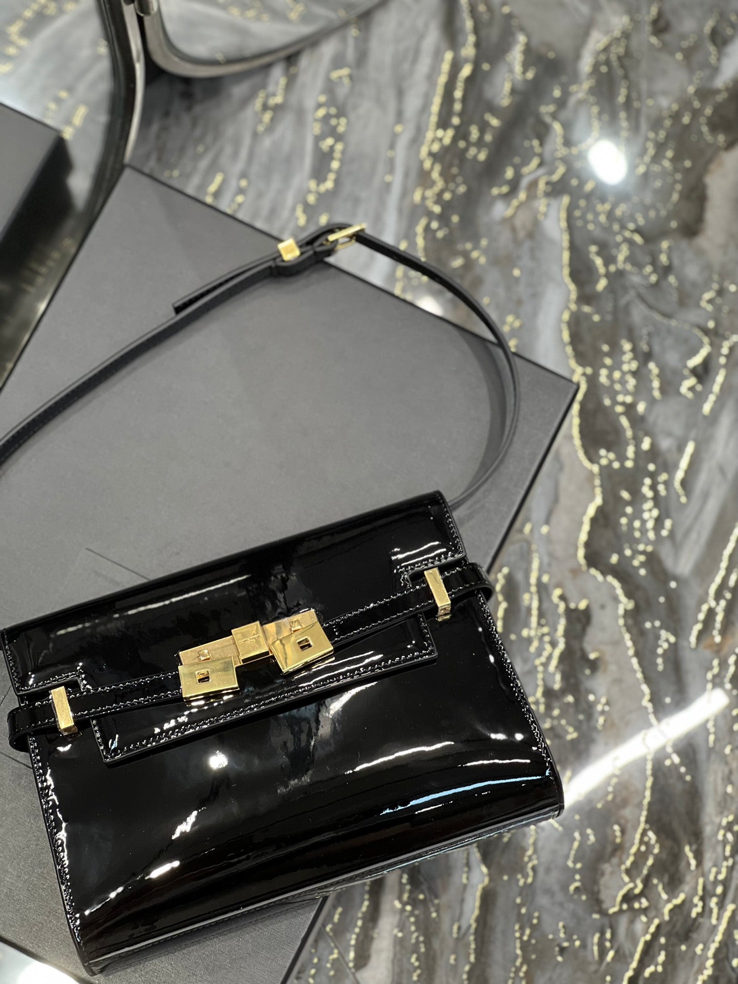 Saint Laurent Manhattan Mini Shoulder Bag in Black Patent Leather