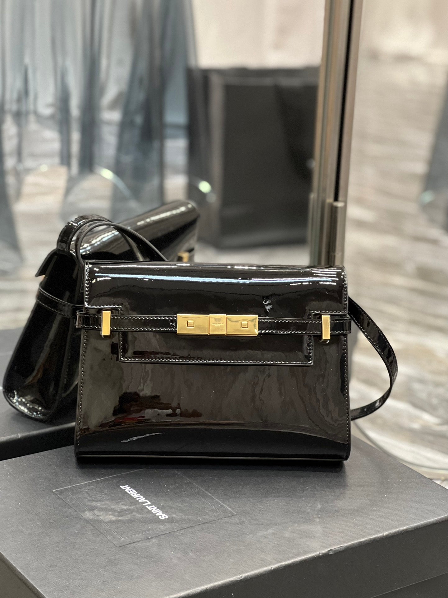 Saint Laurent Manhattan Mini Shoulder Bag in Black Patent Leather