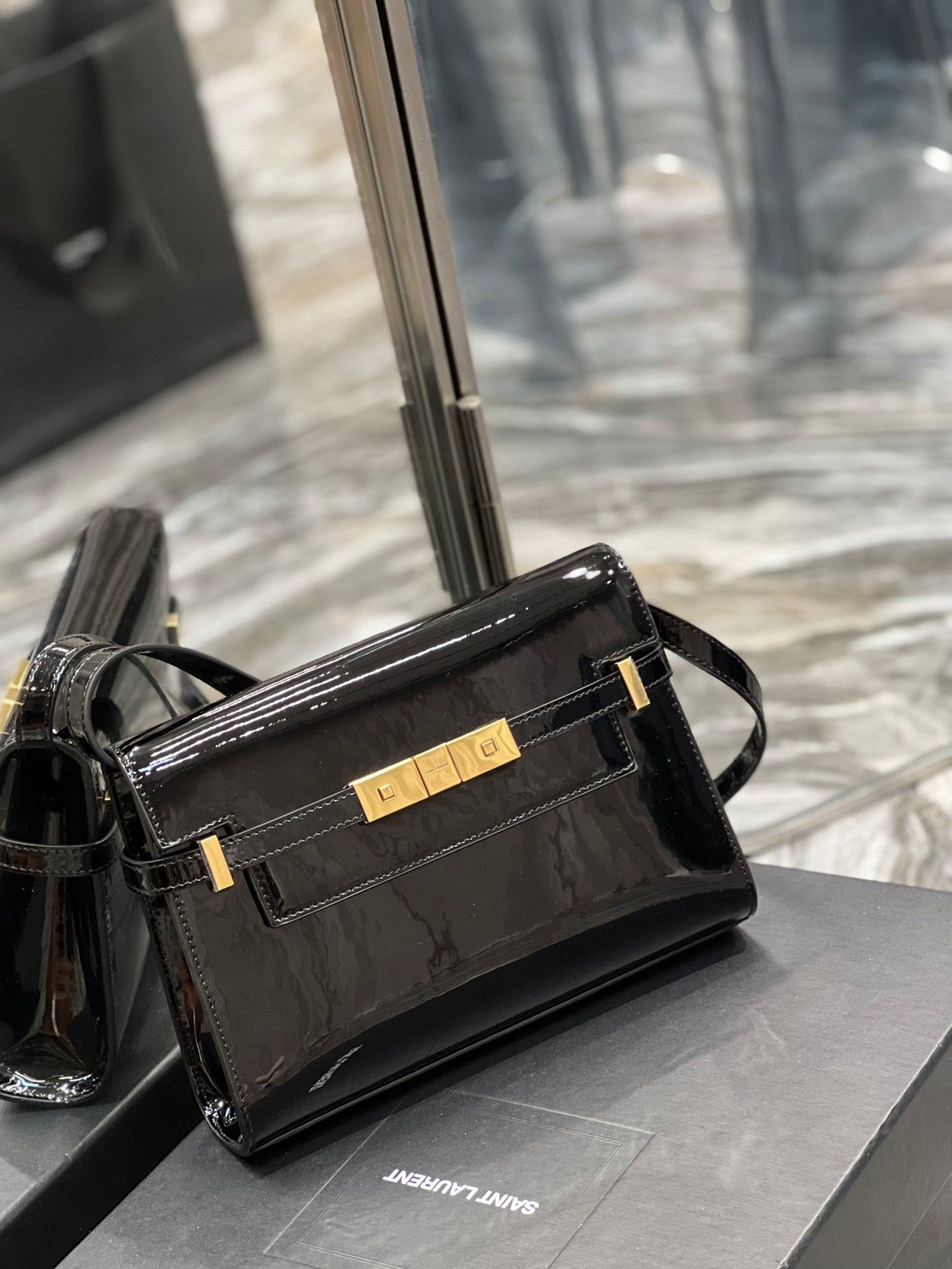 Saint Laurent Manhattan Mini Shoulder Bag in Black Patent Leather
