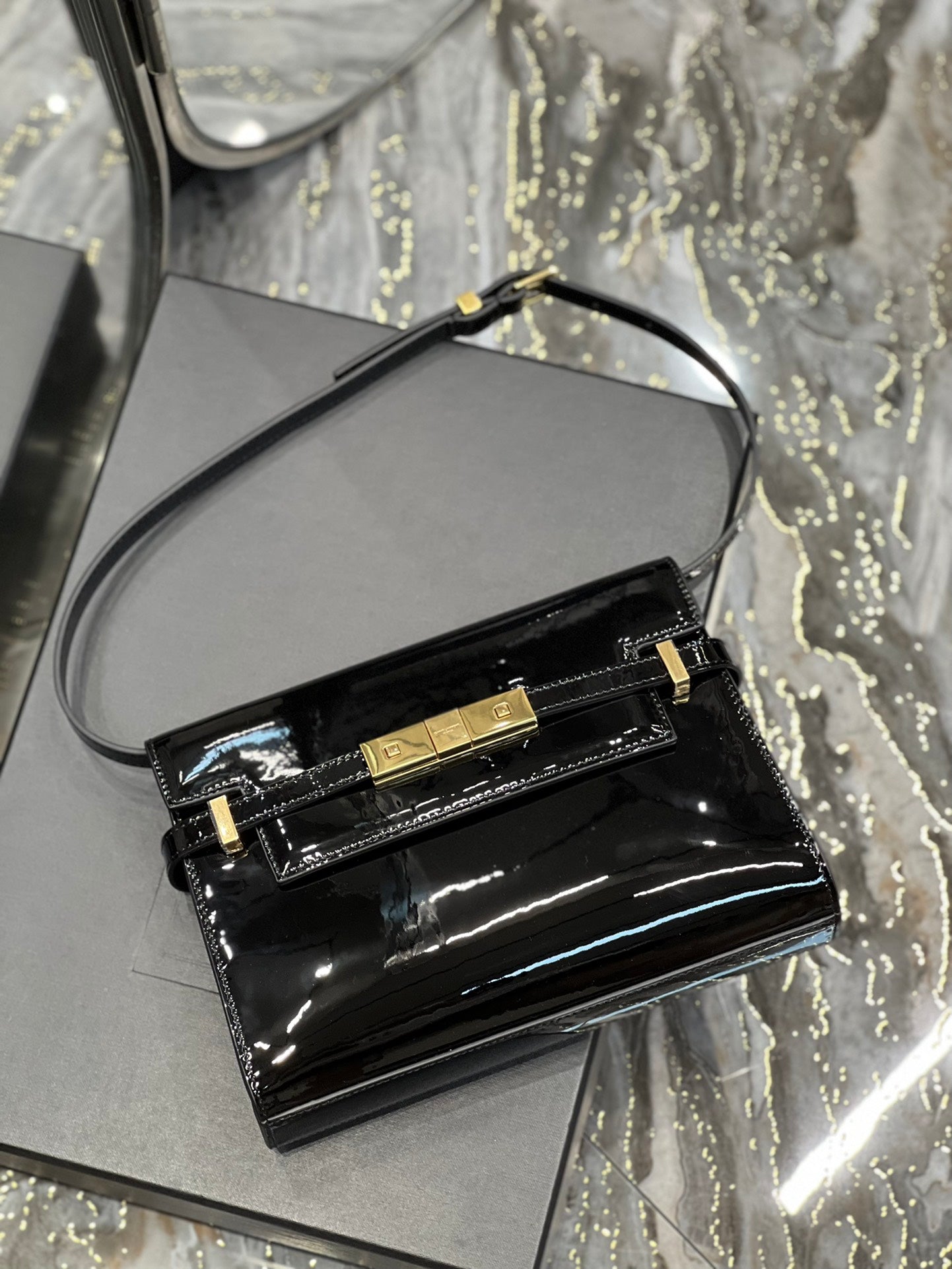 Saint Laurent Manhattan Mini Shoulder Bag in Black Patent Leather