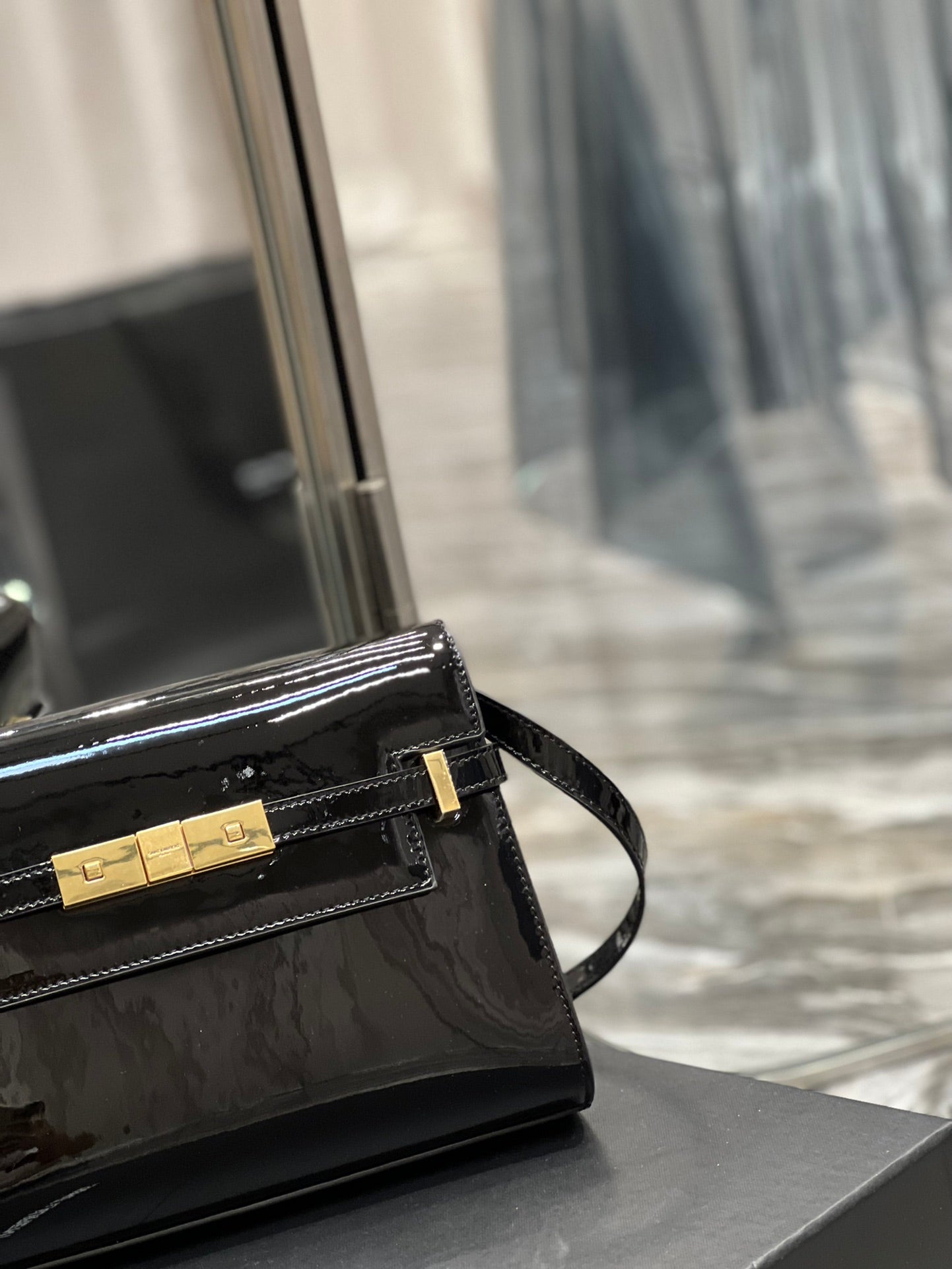 Saint Laurent Manhattan Mini Shoulder Bag in Black Patent Leather