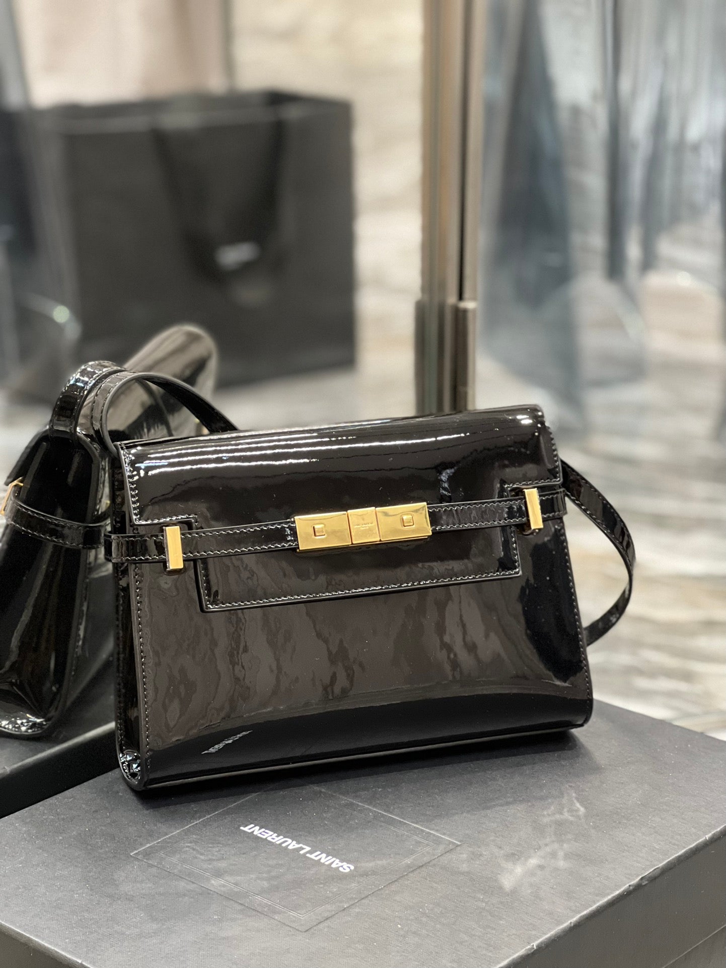 Saint Laurent Manhattan Mini Shoulder Bag in Black Patent Leather