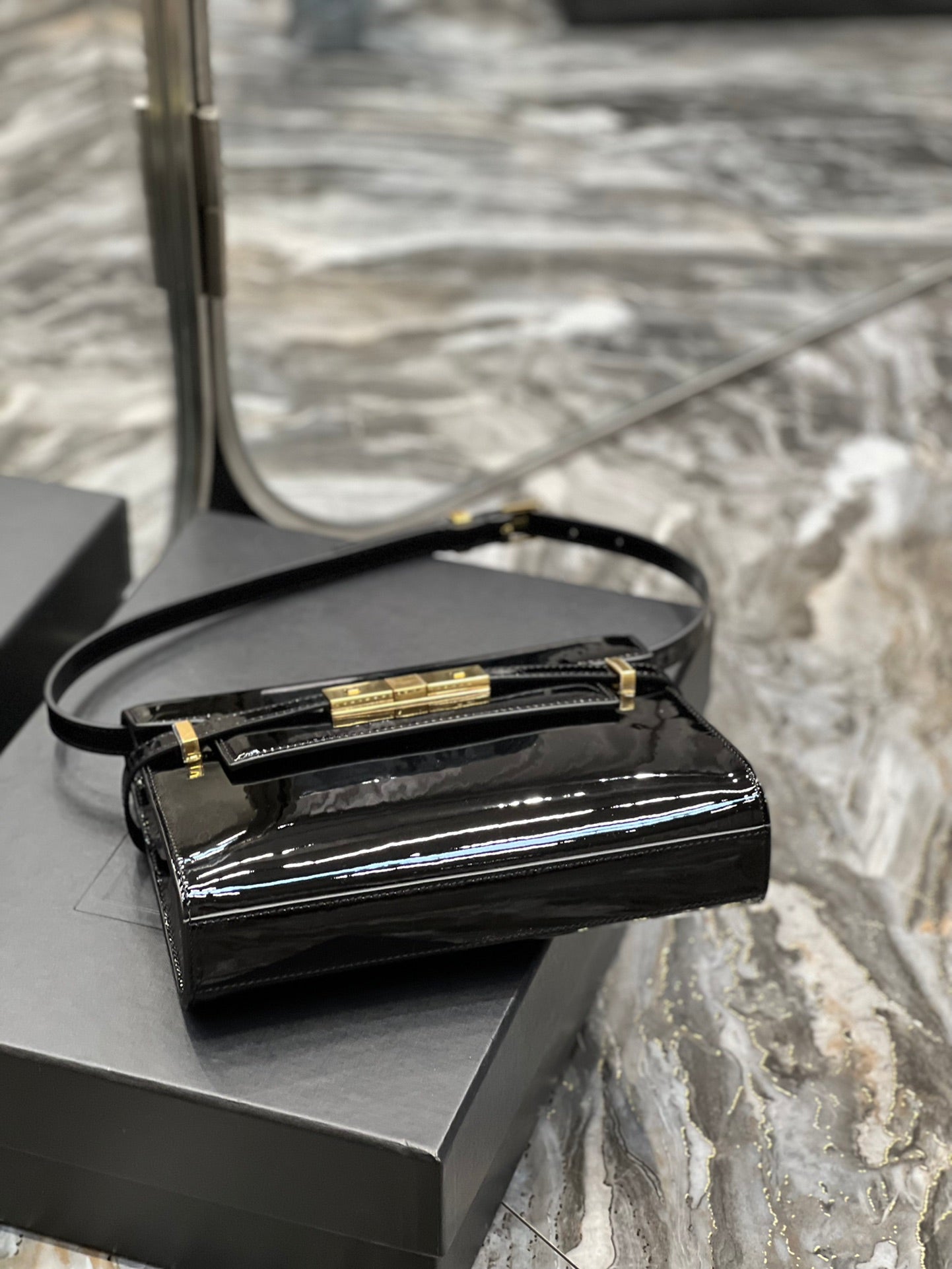 Saint Laurent Manhattan Mini Shoulder Bag in Black Patent Leather