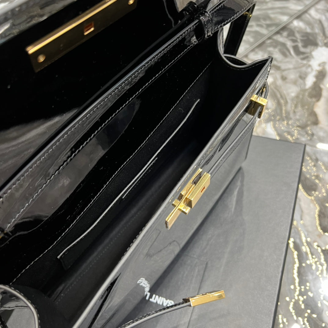 Elegant Black Patent Leather Handbag with Gold Clasp - Luxury Shoulder Bag