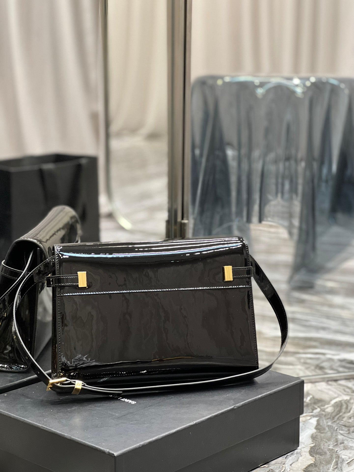 Elegant Black Patent Leather Handbag with Gold Clasp - Luxury Shoulder Bag