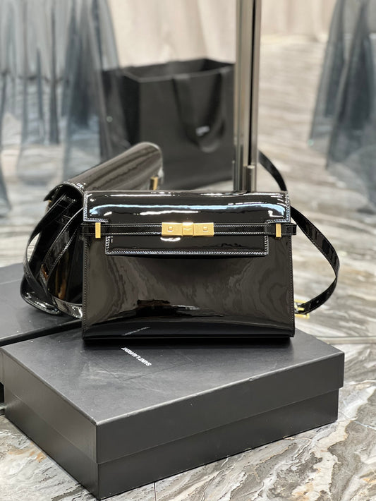 Elegant Black Patent Leather Handbag with Gold Clasp - Luxury Shoulder Bag