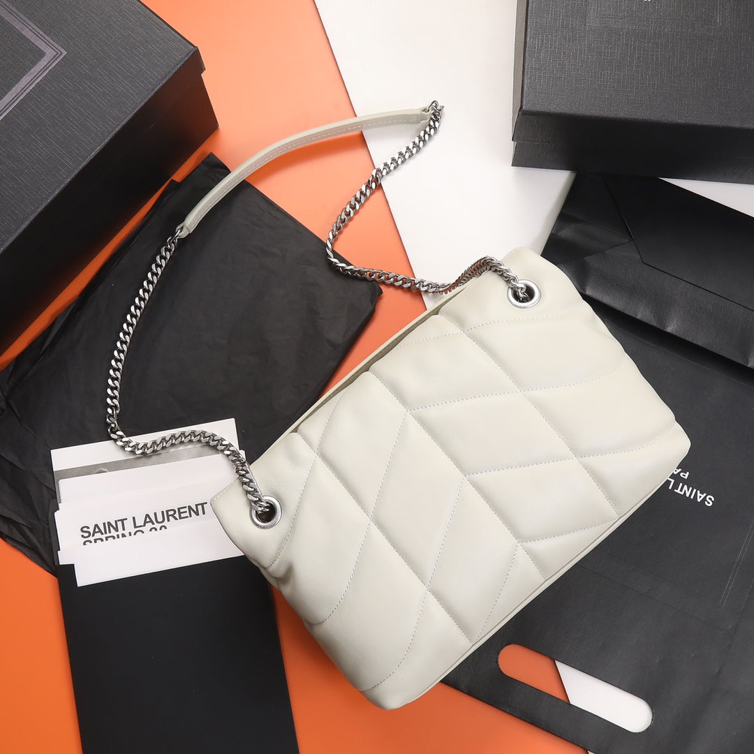 Saint Laurent Loulou Puffer Small Bag in Quilted Lambskin Leather - White