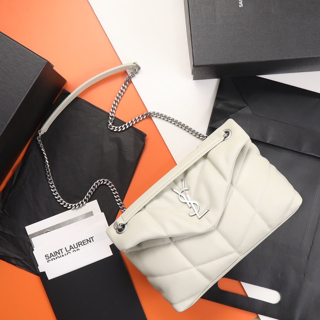 Saint Laurent Loulou Puffer Small Bag in Quilted Lambskin Leather - White
