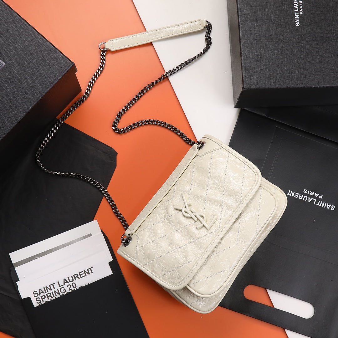 Saint Laurent Niki Medium Chain Bag in Quilted Leather - White