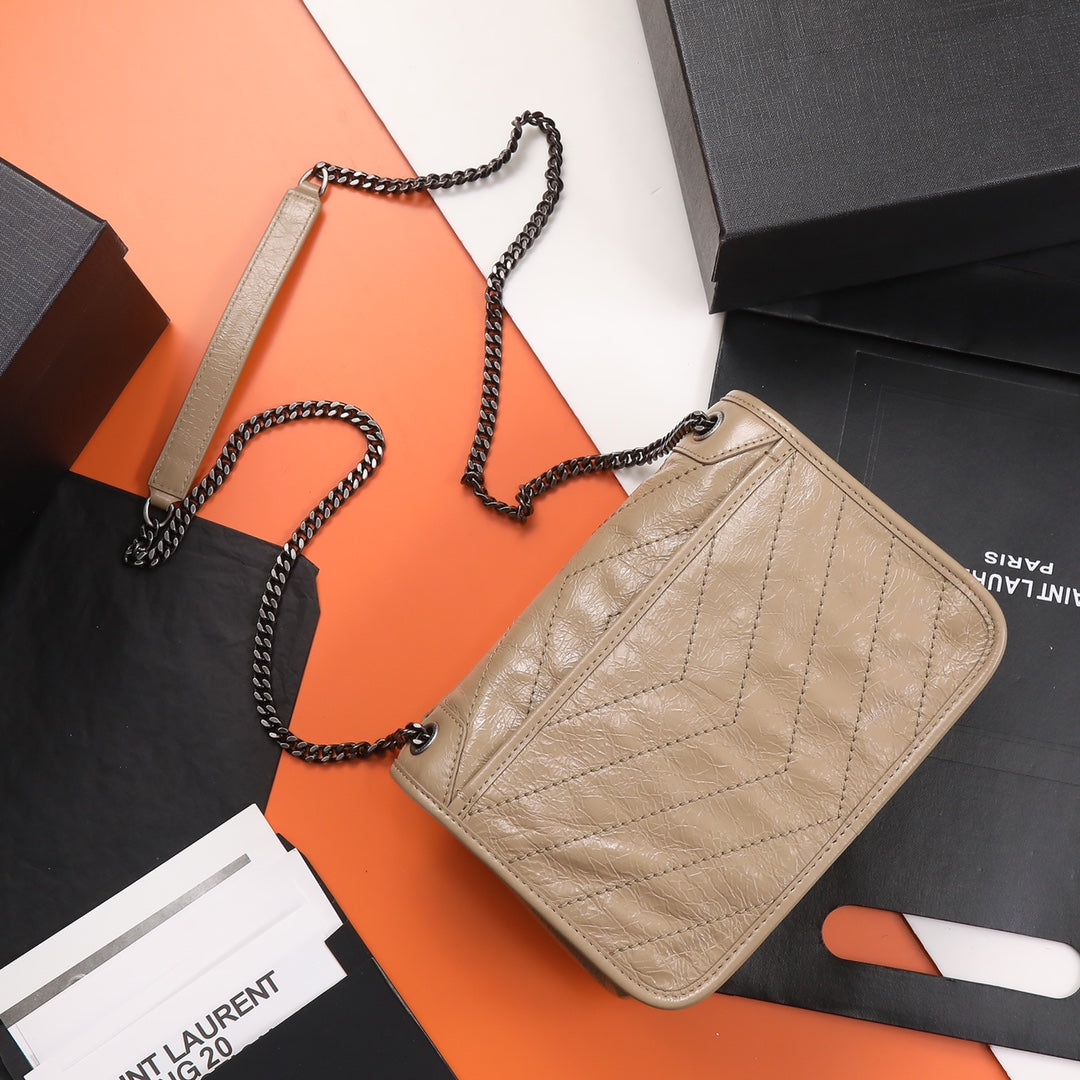 Saint Laurent Niki Medium Chain Bag in Quilted Crinkled Leather - Beige