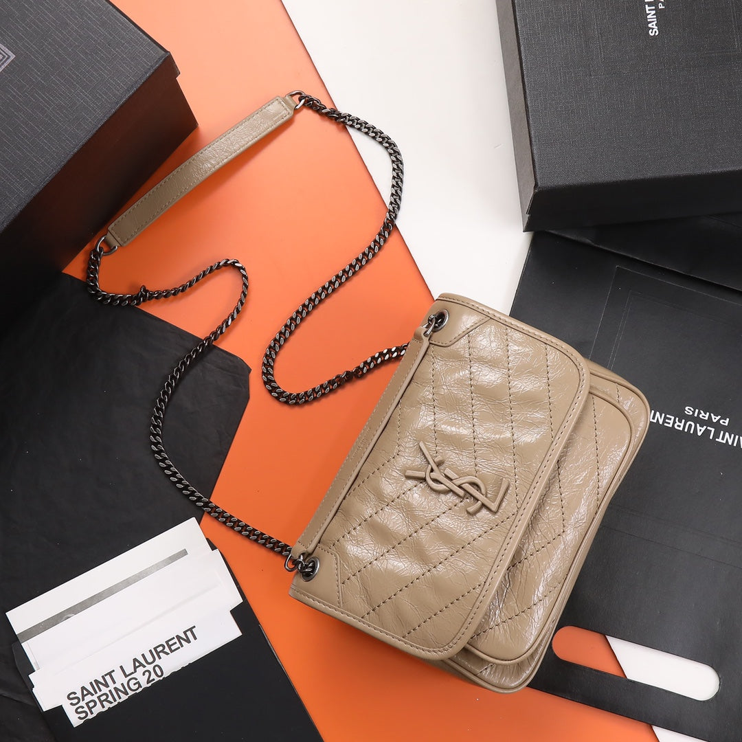 Saint Laurent Niki Medium Chain Bag in Quilted Crinkled Leather - Beige