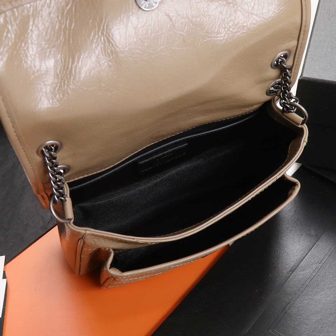 Saint Laurent Niki Medium Chain Bag in Quilted Crinkled Leather - Beige