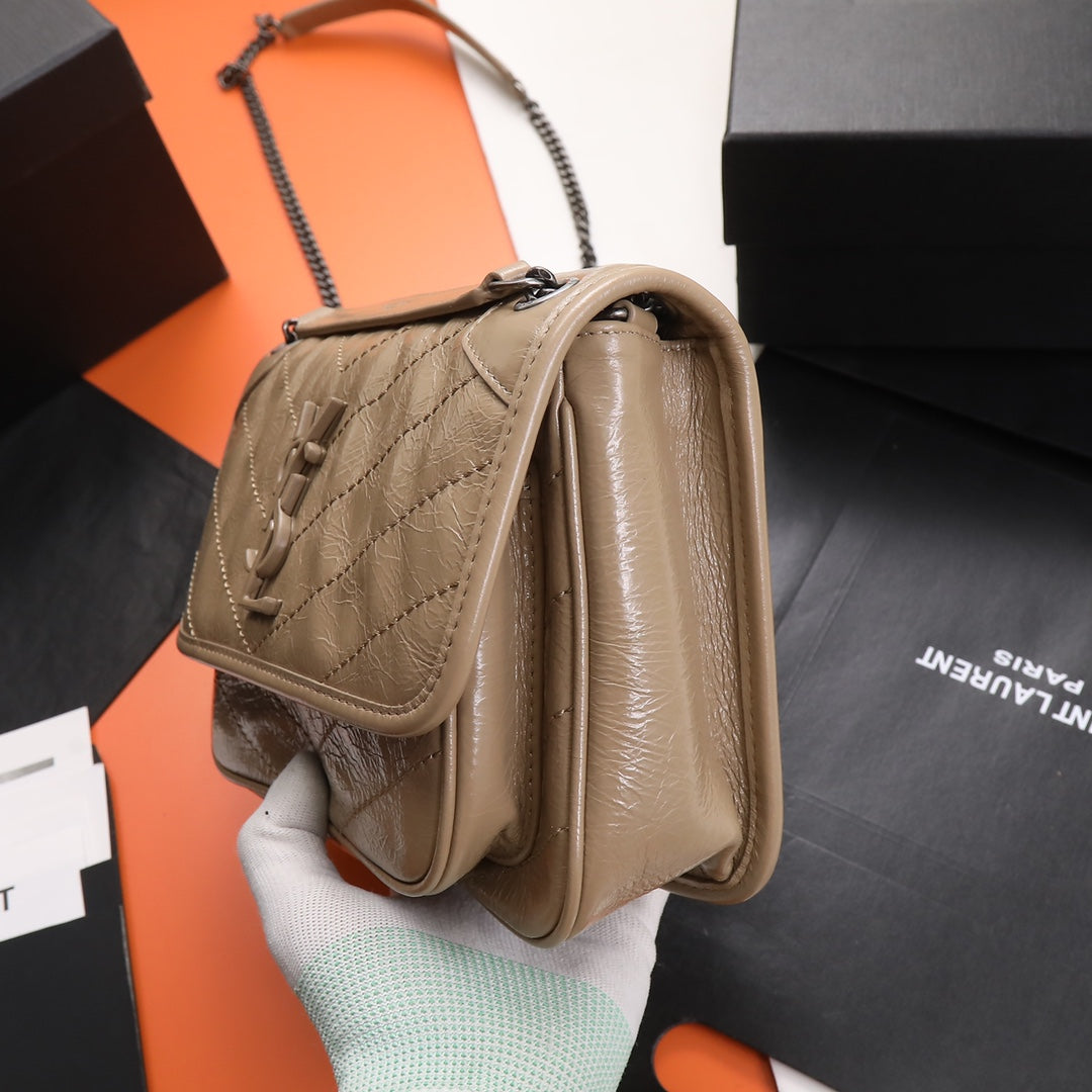 Saint Laurent Niki Medium Chain Bag in Quilted Crinkled Leather - Beige
