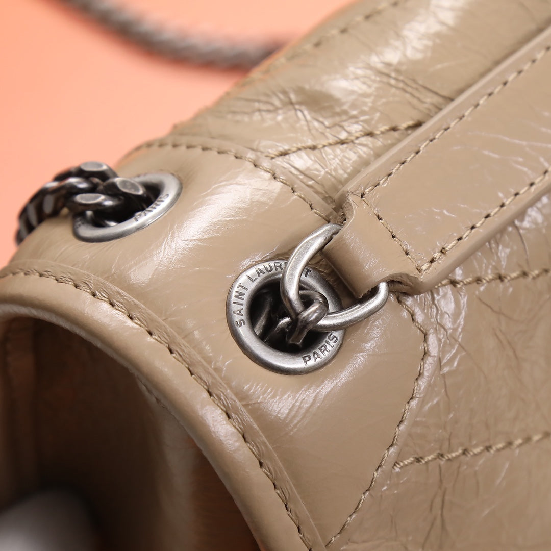 Saint Laurent Niki Medium Chain Bag in Quilted Crinkled Leather - Beige