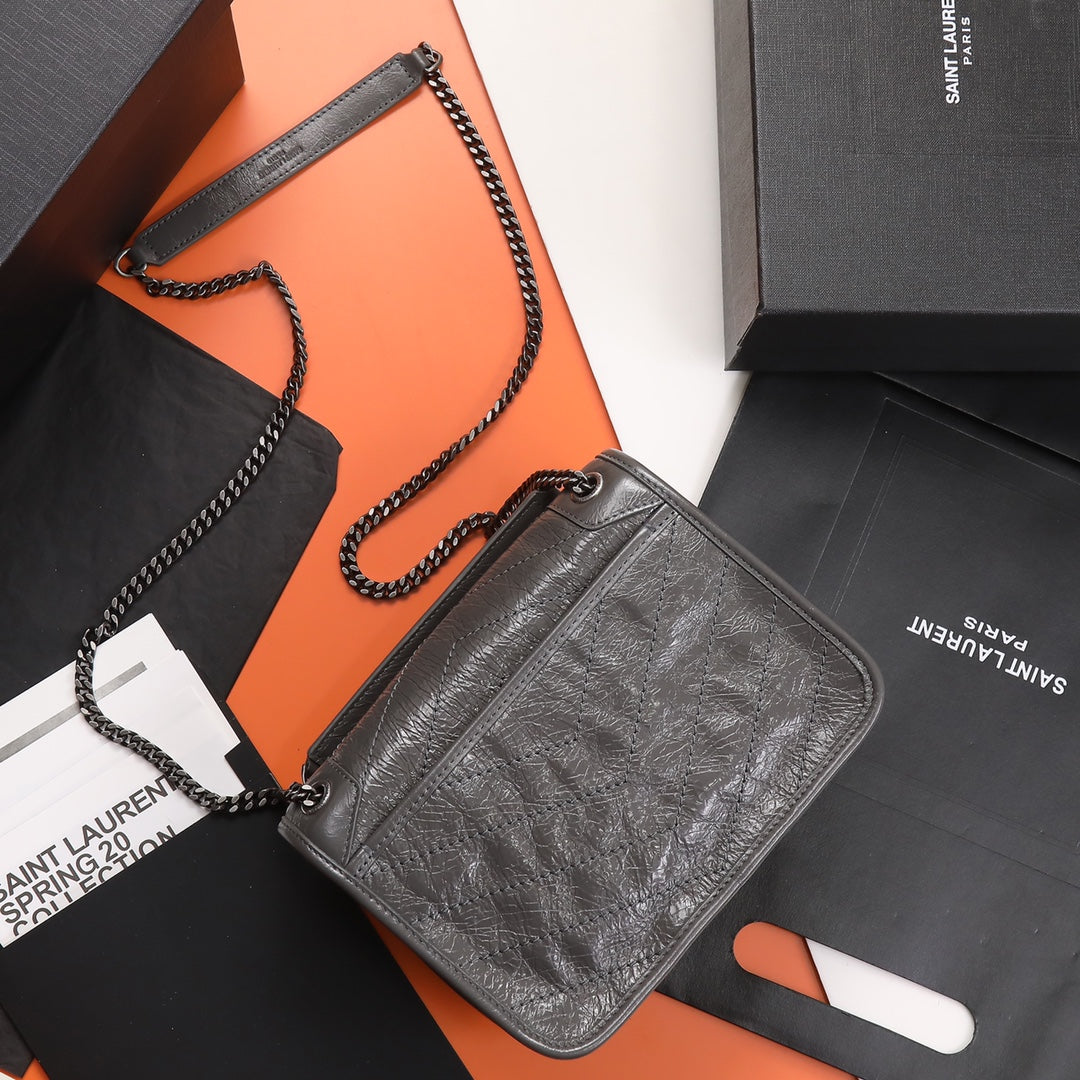 Saint Laurent Niki Medium Shoulder Bag in Crinkled Vintage Leather - Grey