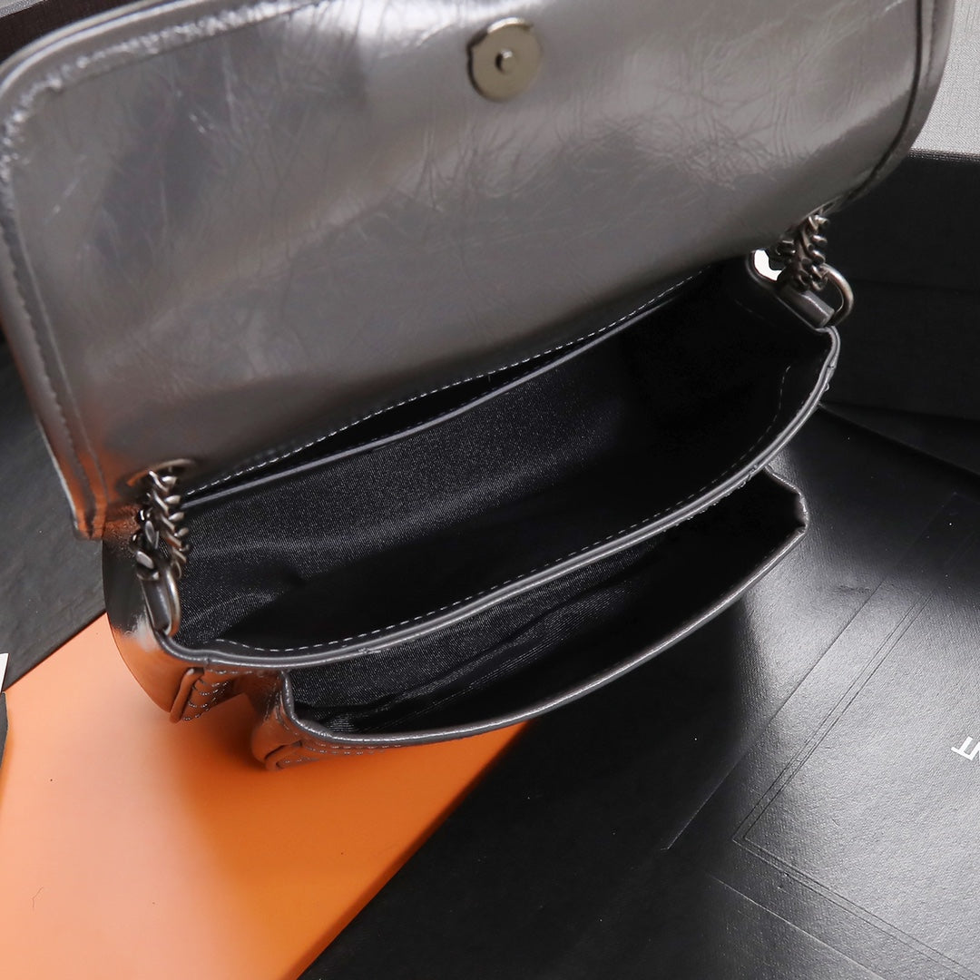 Saint Laurent Niki Medium Shoulder Bag in Crinkled Vintage Leather - Grey