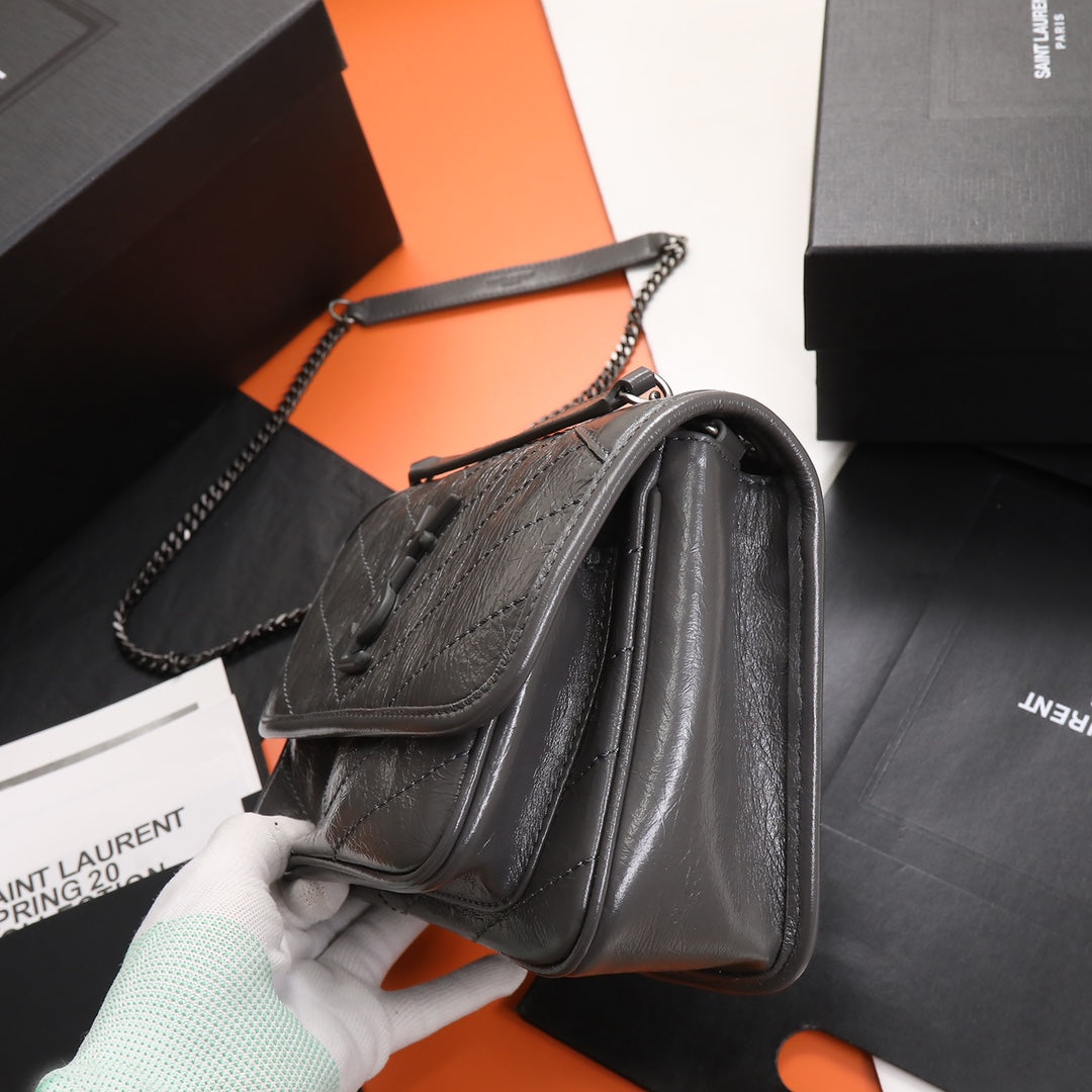 Saint Laurent Niki Medium Shoulder Bag in Crinkled Vintage Leather - Grey