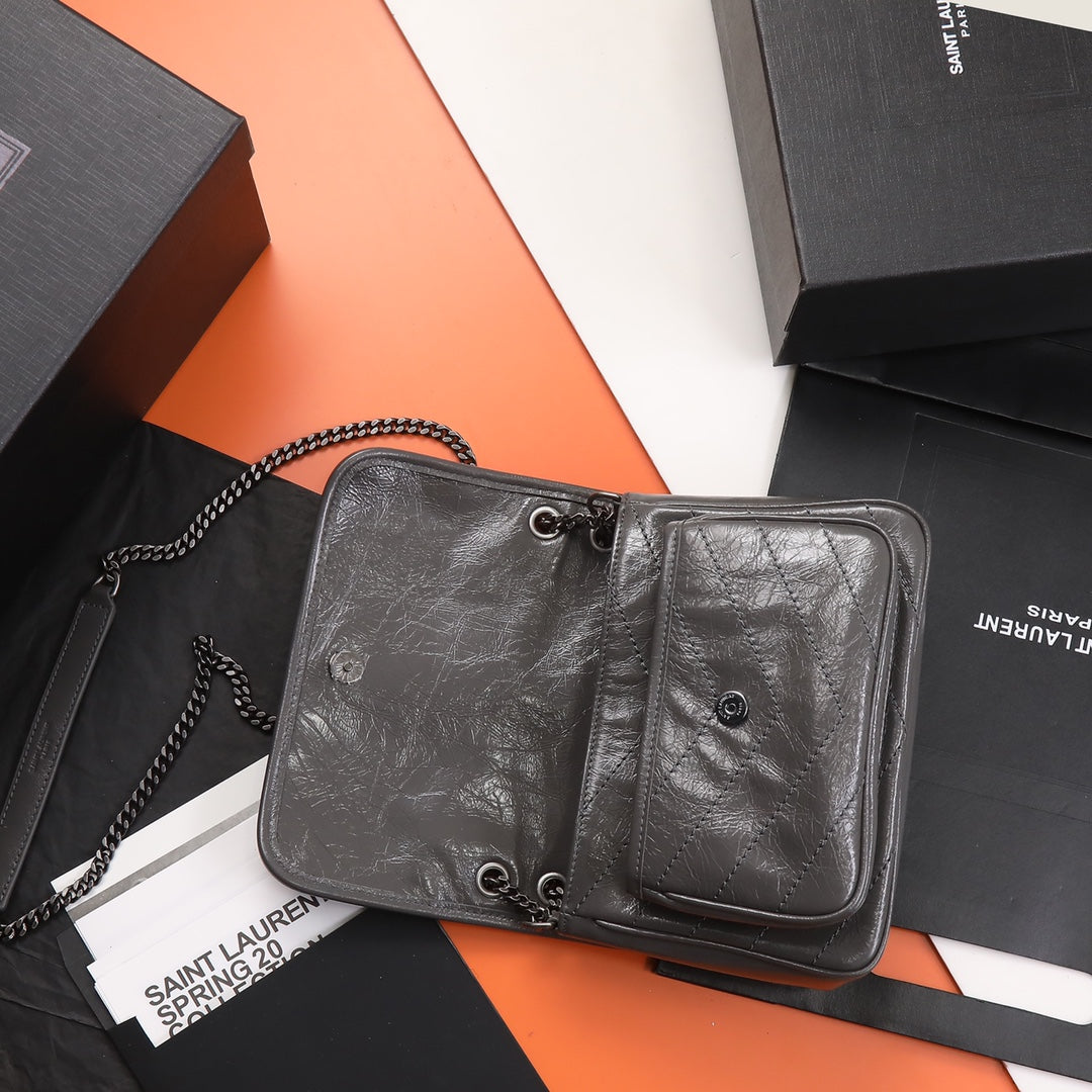Saint Laurent Niki Medium Shoulder Bag in Crinkled Vintage Leather - Grey