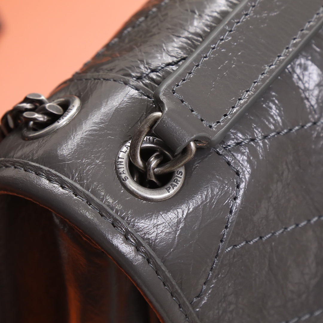 Saint Laurent Niki Medium Shoulder Bag in Crinkled Vintage Leather - Grey
