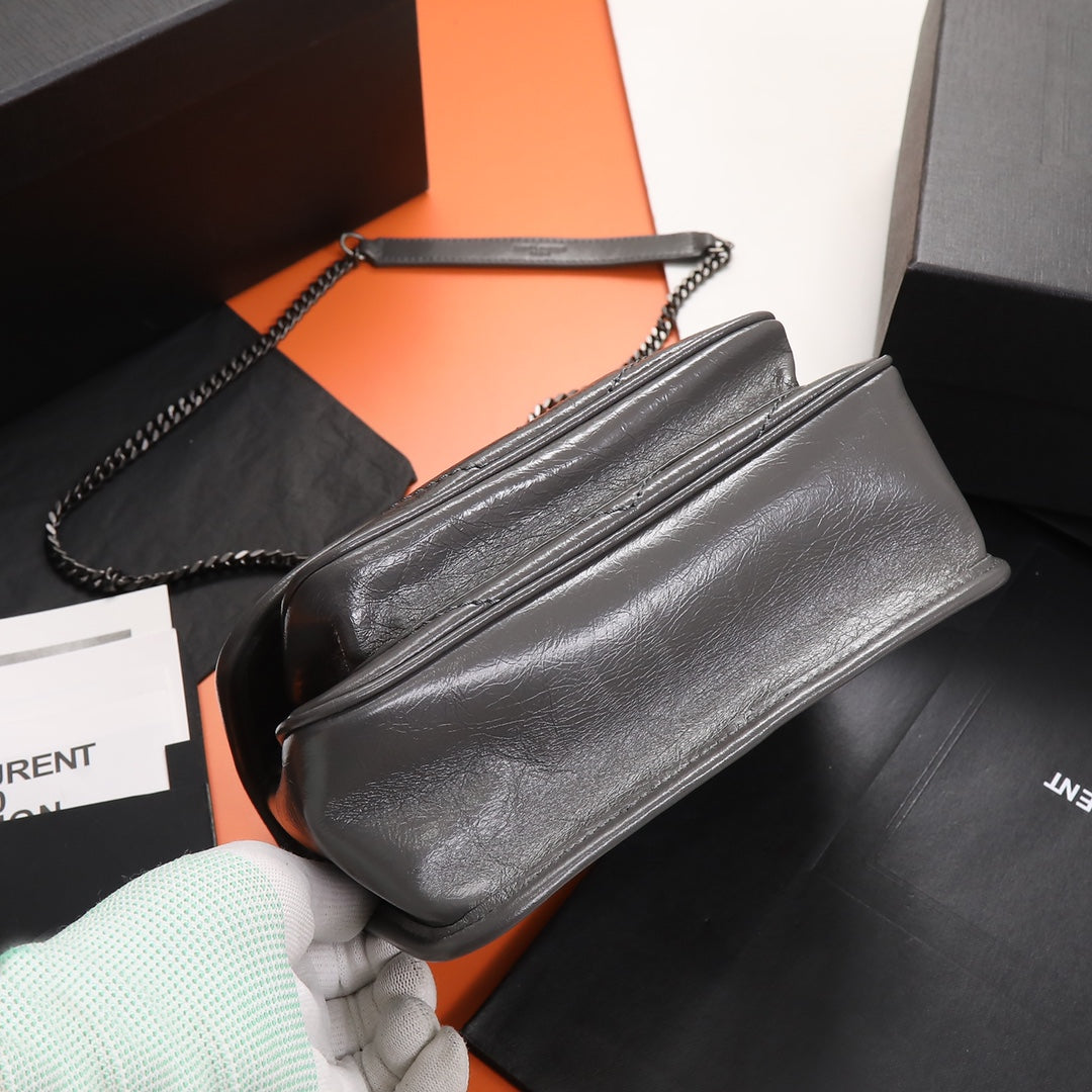 Saint Laurent Niki Medium Shoulder Bag in Crinkled Vintage Leather - Grey