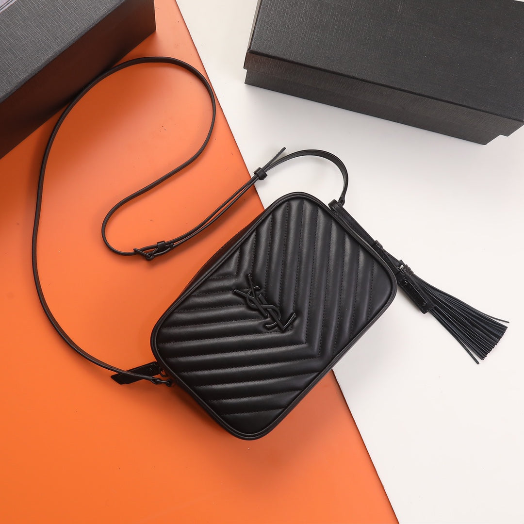 Black Quilted Leather Mini Crossbody Camera Bag with Tassel