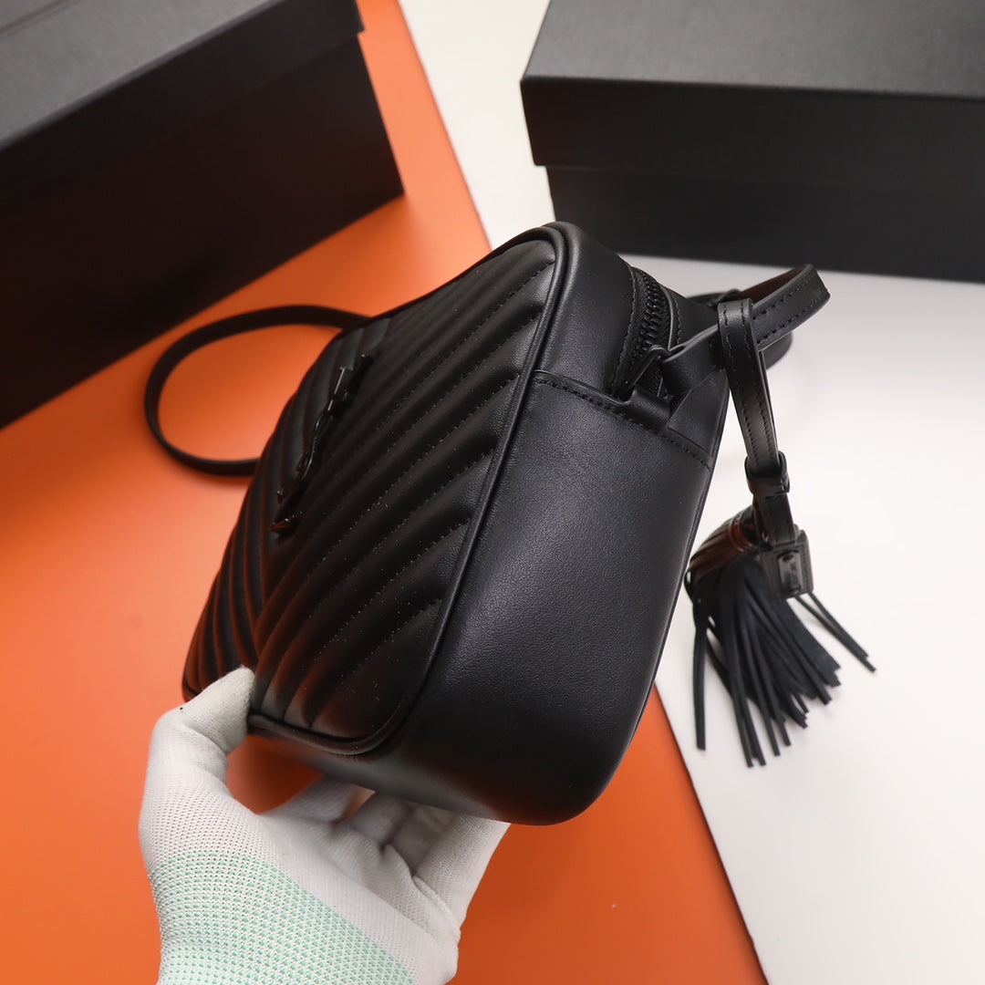 Black Quilted Leather Mini Crossbody Camera Bag with Tassel