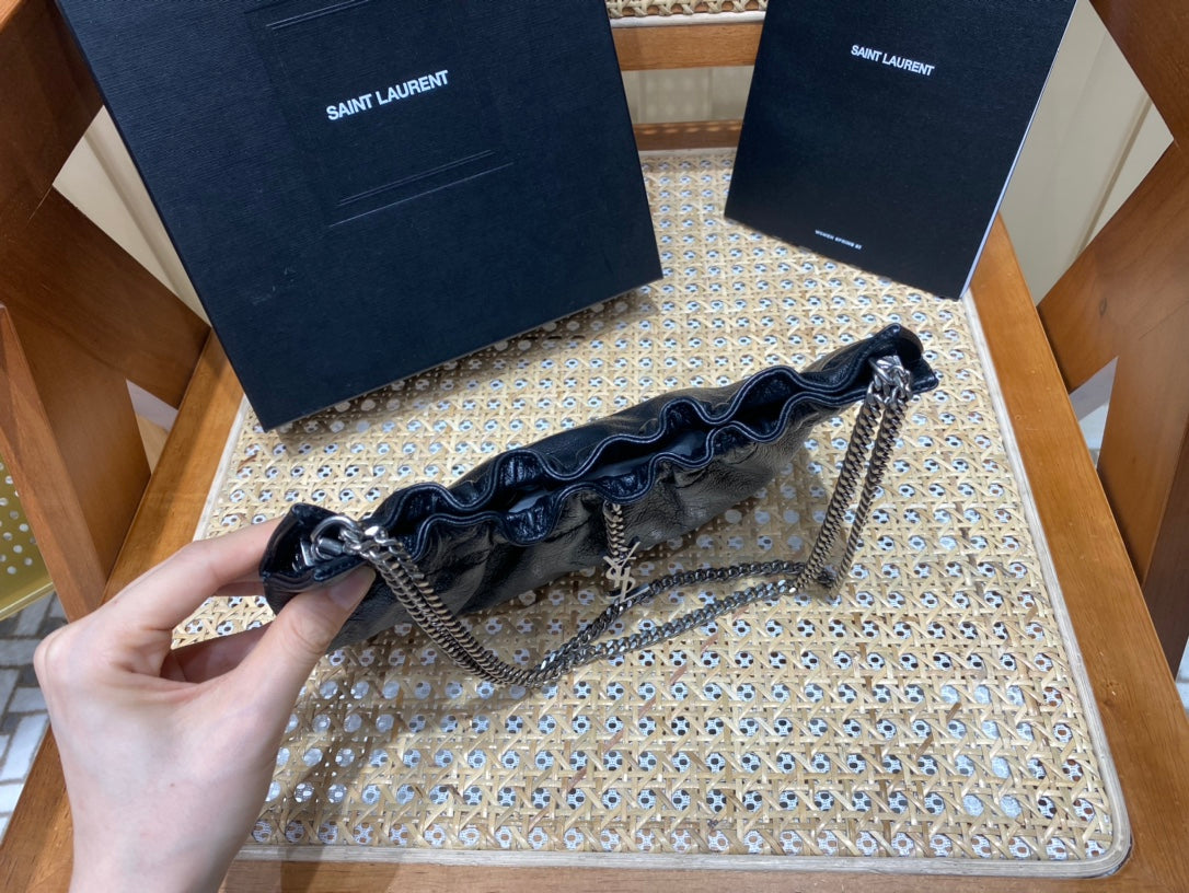 Saint Laurent Joe Mini Bucket Bag in Black Lambskin with Silver Hardware