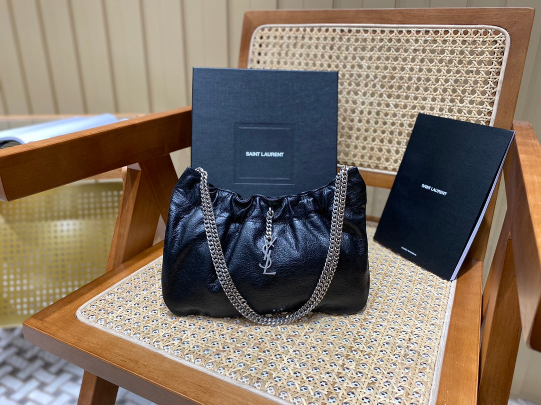 Saint Laurent Joe Mini Bucket Bag in Black Lambskin with Silver Hardware