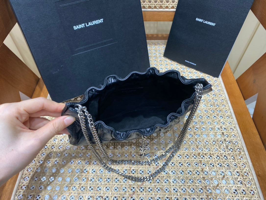 Saint Laurent Joe Mini Bucket Bag in Black Lambskin with Silver Hardware