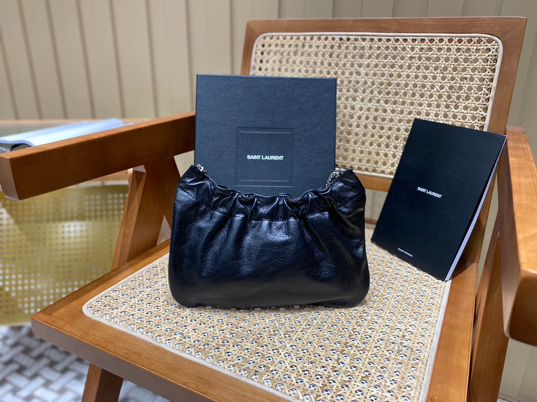 Saint Laurent Joe Mini Bucket Bag in Black Lambskin with Silver Hardware