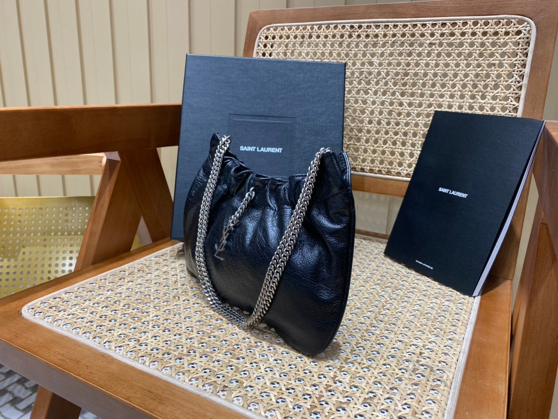 Saint Laurent Joe Mini Bucket Bag in Black Lambskin with Silver Hardware