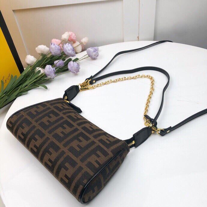 Fendi Baguette Small Monogram FF Canvas Shoulder Bag - Brown/Tobacco