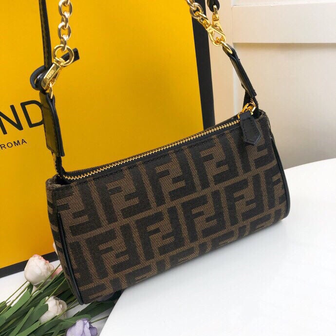Fendi Baguette Small Monogram FF Canvas Shoulder Bag - Brown/Tobacco