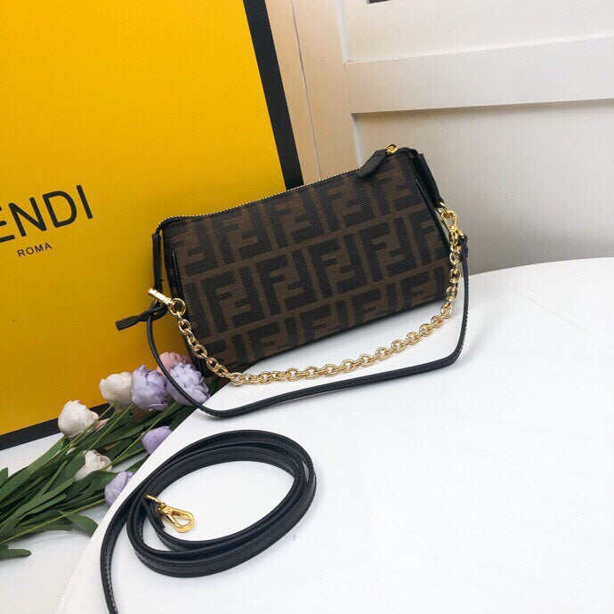 Fendi FF Logo Monogram Canvas Mini Bag with Gold Chain and Leather Strap