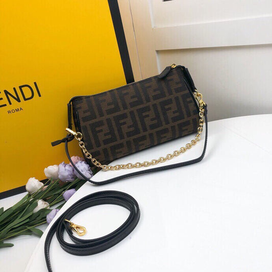 Fendi FF Logo Monogram Canvas Mini Bag with Gold Chain and Leather Strap