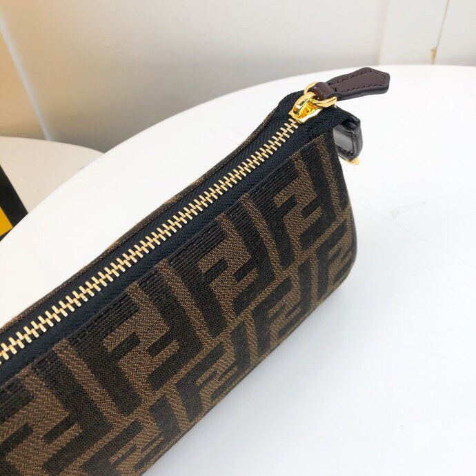 Fendi Zucca Monogram FF Logo Canvas Small Shoulder Bag with Gold Chain