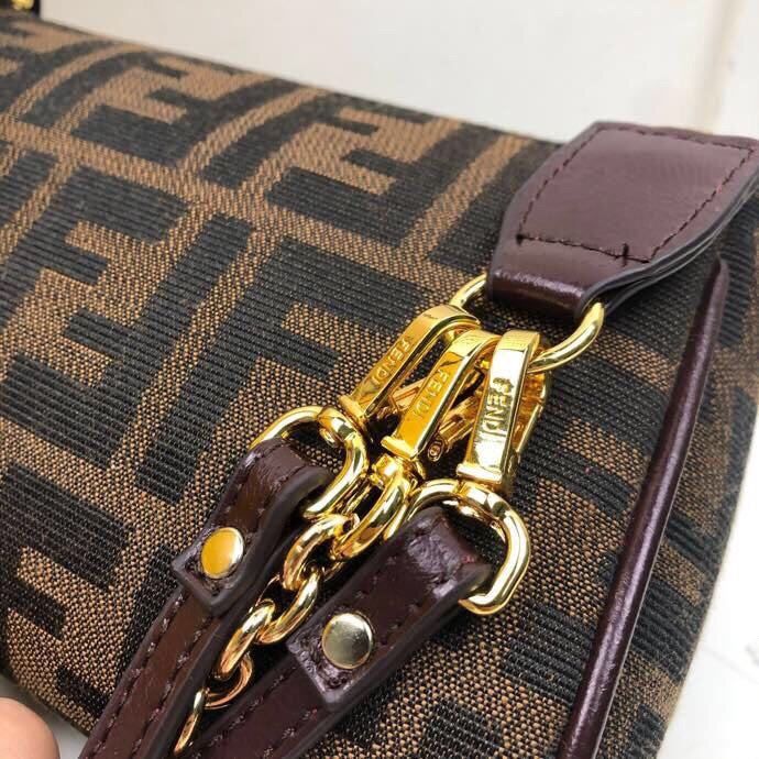 Fendi Zucca Monogram FF Logo Canvas Small Shoulder Bag with Gold Chain