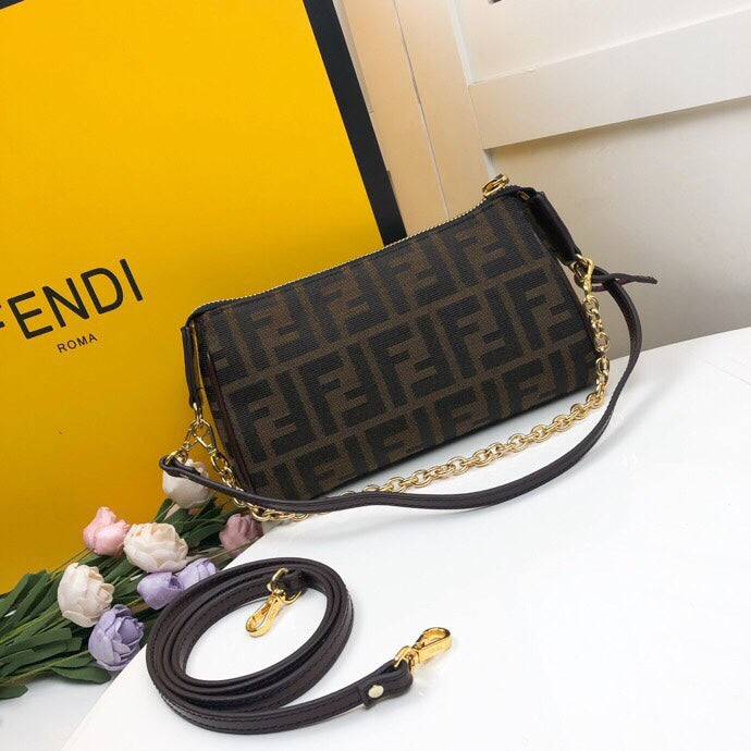 Fendi Zucca Monogram FF Logo Canvas Small Shoulder Bag with Gold Chain