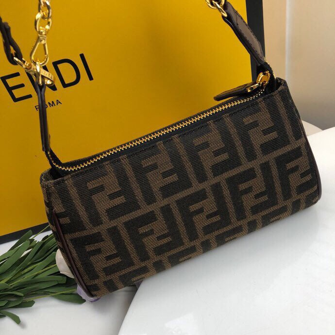 Fendi Zucca Monogram FF Logo Canvas Small Shoulder Bag with Gold Chain