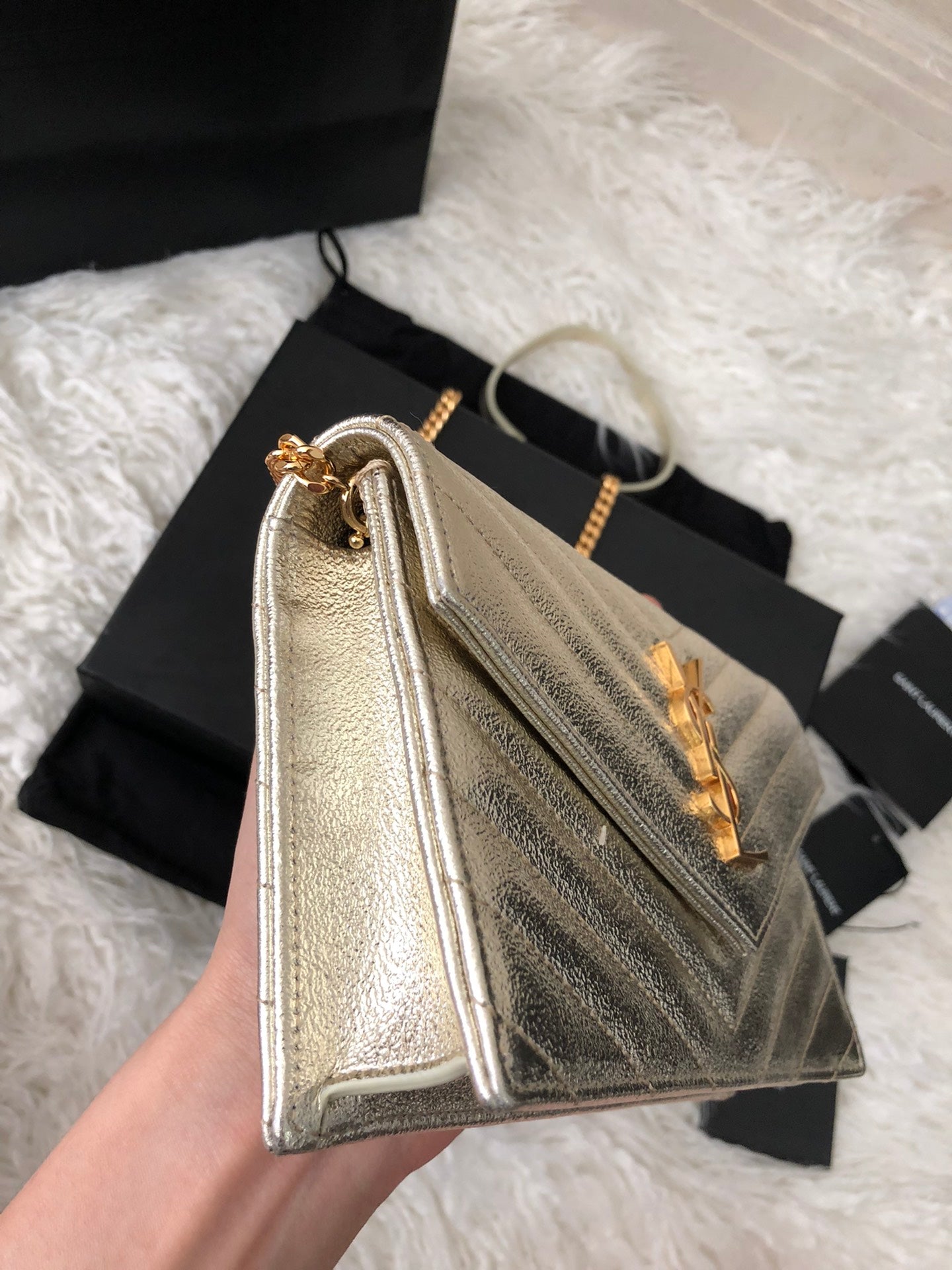 Saint Laurent Cassandre Matelassé Wallet on Chain in Gold Quilted Leather